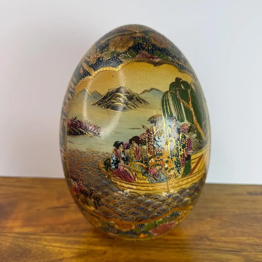 Satsuma Ceramic Egg Gold Trim Geisha Boat Landscape Asian Hand Painted